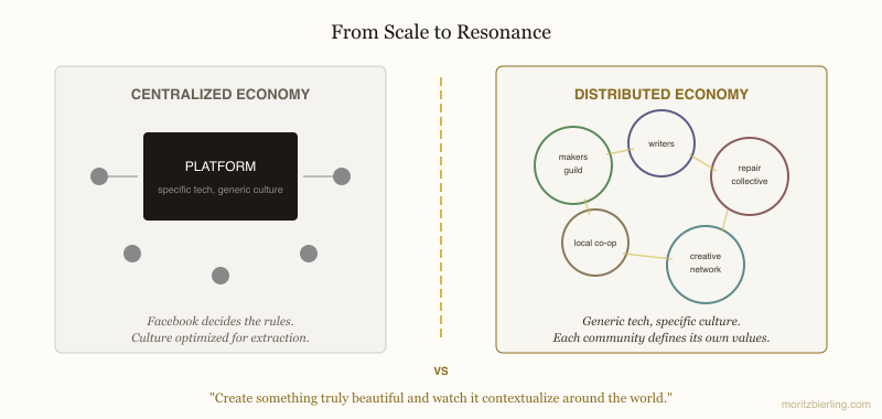 Comparison of centralized economy (platform-centric, specific tech, generic culture) versus distributed economy (neighborhoods with generic tech, specific culture, interconnected communities)